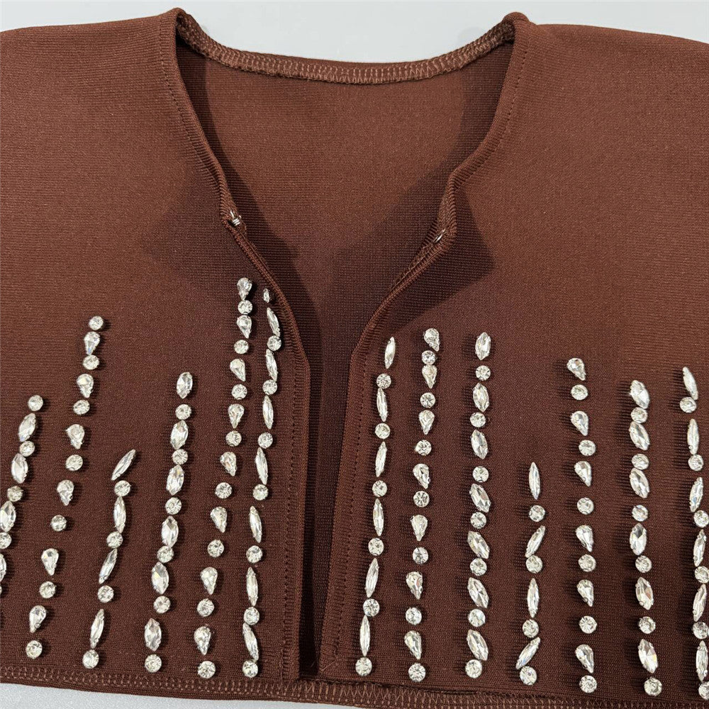Dark Brown Structured Crepe Column Dress with Capelet Overlay