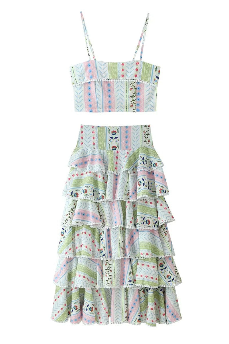 Two-Piece Set with Tiered Maxi Skirt and Pom-Pom Trim