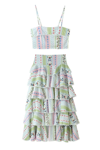 Two-Piece Set with Tiered Maxi Skirt and Pom-Pom Trim