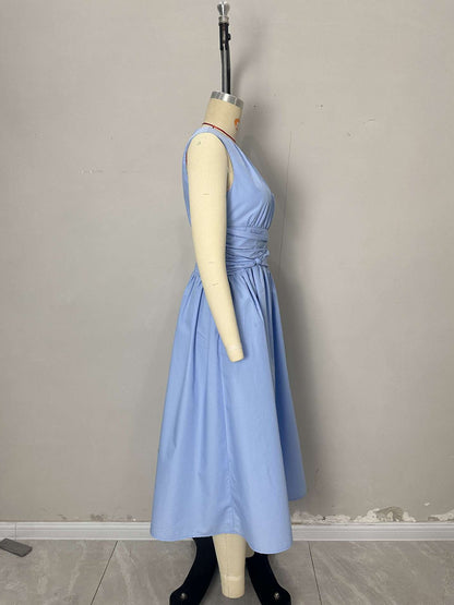 Light Blue Sleeveless Round Neck Twisted Waist Midi Dress Side Pocket Flowy Summer Dress