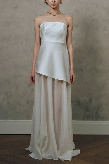 satin Spliced tulle strapless maxi dress - white