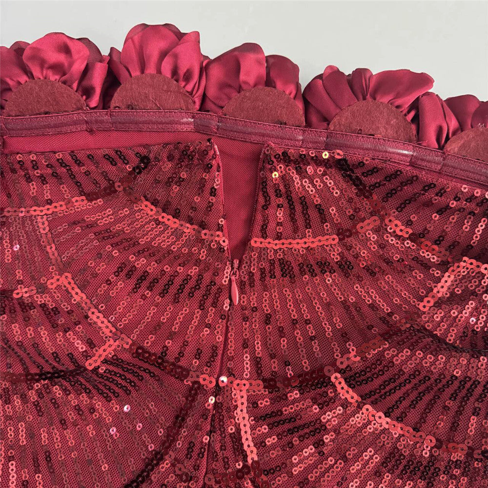 burgundy sequined mesh column gown