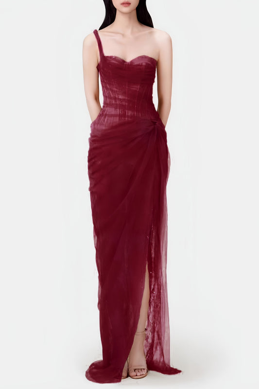 Red evening gown on a white background
