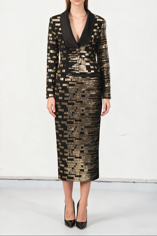 high-waisted skirt Gold sequin print blazer suit in black