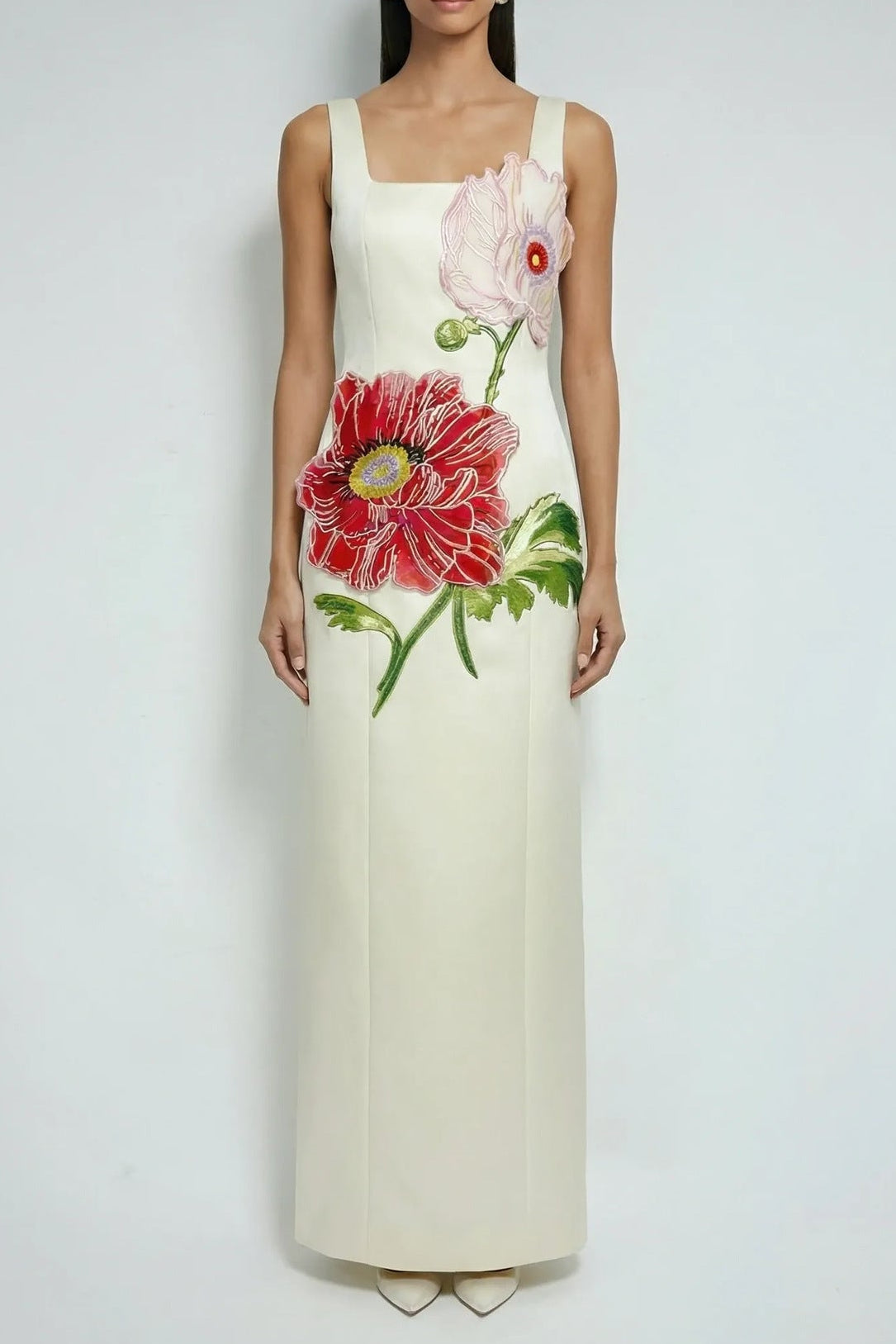 nicola square neck flower embroidery satin maxi dress in apricot