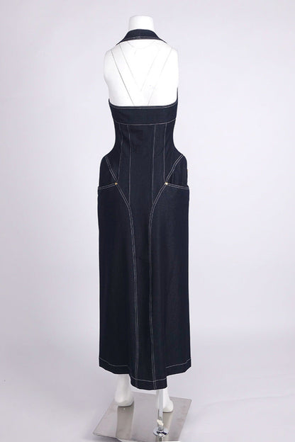 haltered corseted midi dress denim in navy blue
