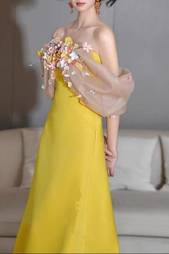 Bright Yellow Satin Strapless Maxi Gown With 3D Colorful Floral Tulle Bust