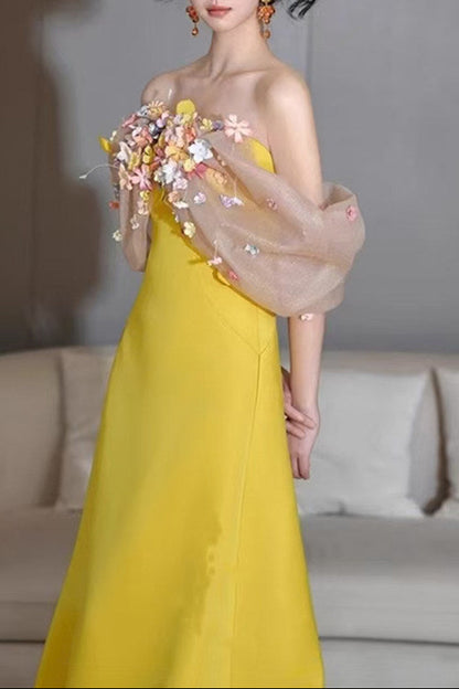 Bright Yellow Satin Strapless Maxi Gown With 3D Colorful Floral Tulle Bust