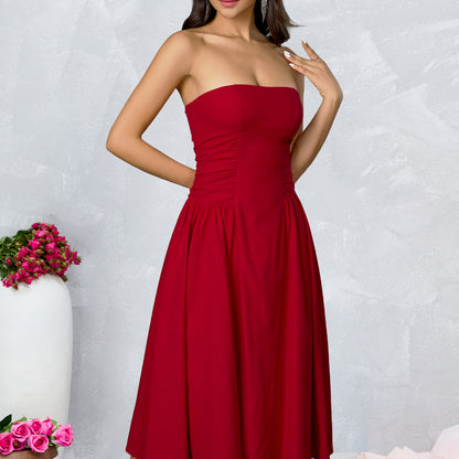 Strapless Side Ruched Flared Midi Dress