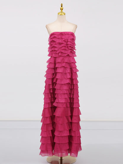 cathy Pleated layer strapless maxi dress in rose red