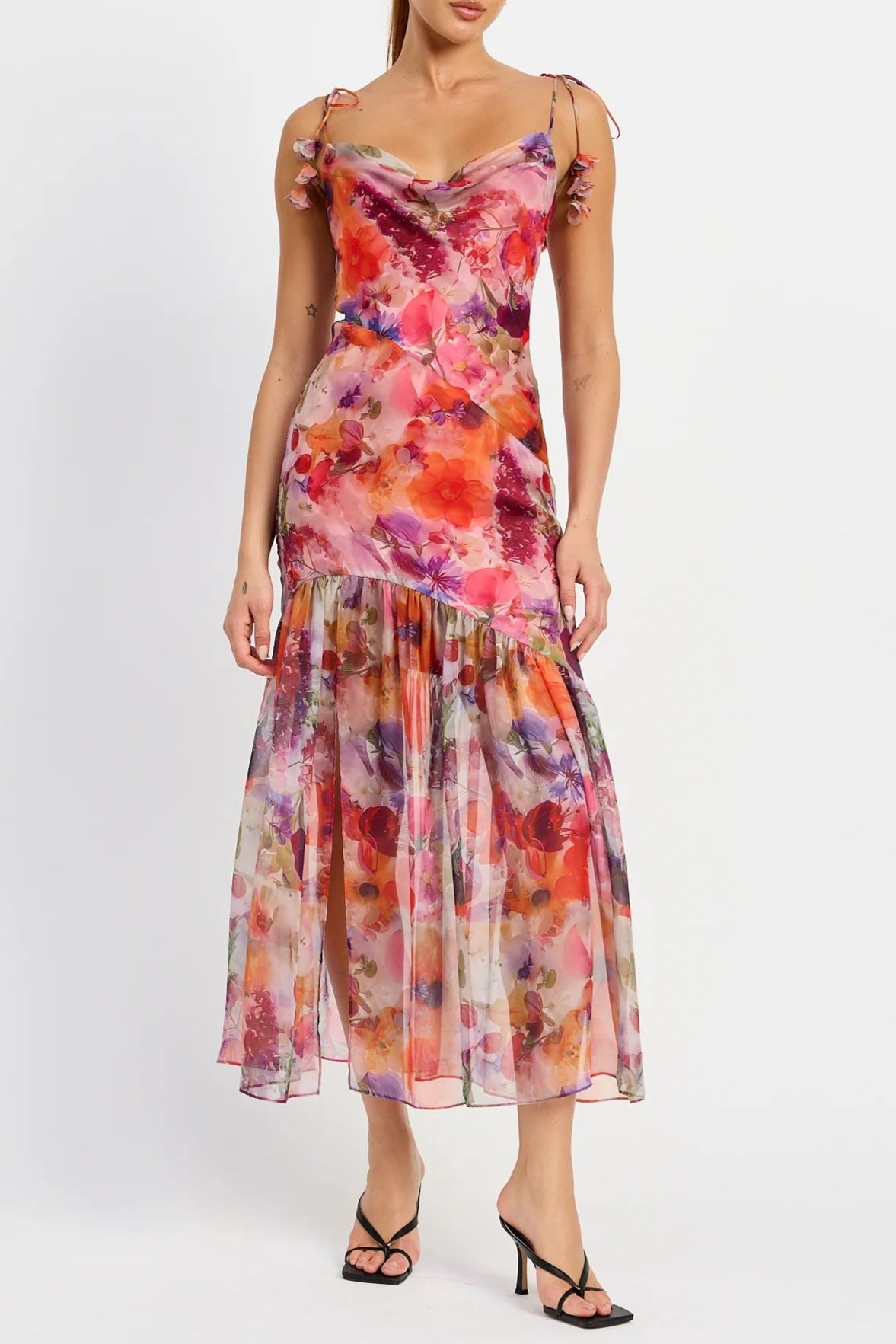 Red Multi Floral Tie Strap Midi Dress