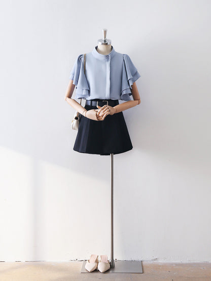 Black High Waist A Line Mini Skort with Belt Business Formal Anti Exposure Short Skirt