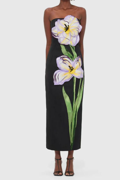suzanne Appliqué Floral Bustier Maxi Dress in black