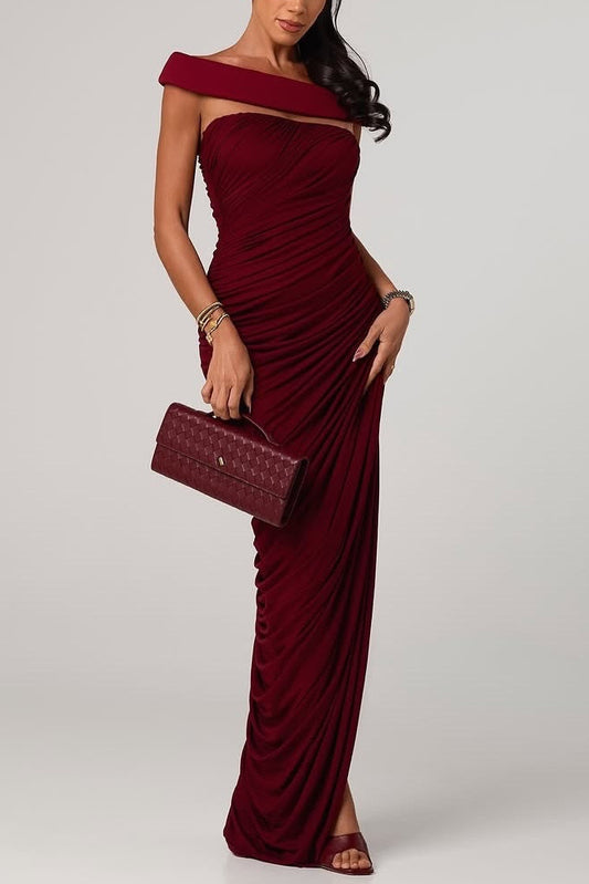 lola burgundy Off-shoulder asymmetrical-draped high slit maxi dress
