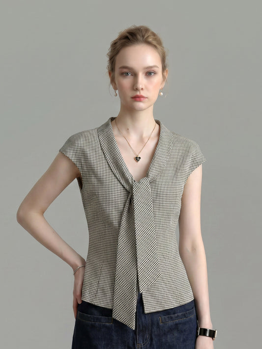 Houndstooth Lapel Tie Neck Cap Sleeve Slim Blouse