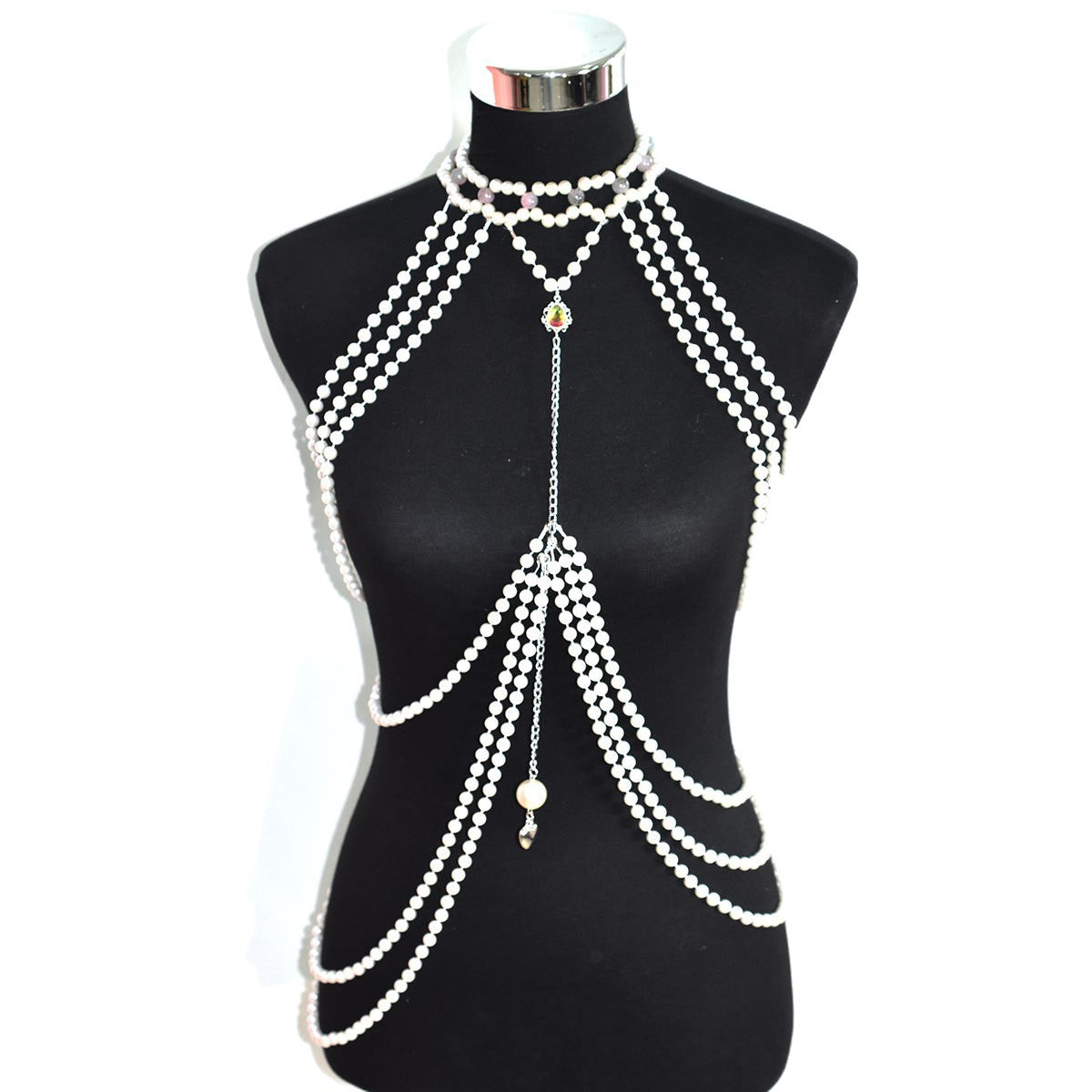 Classic long faux pearl dress, heart pendant, artificial crystal accessory, ladies' party banquet body chain