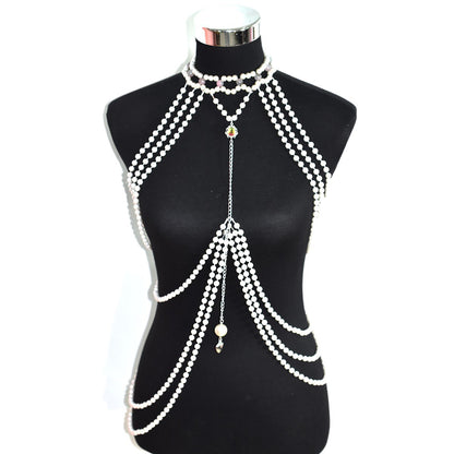 Classic long faux pearl dress, heart pendant, artificial crystal accessory, ladies' party banquet body chain