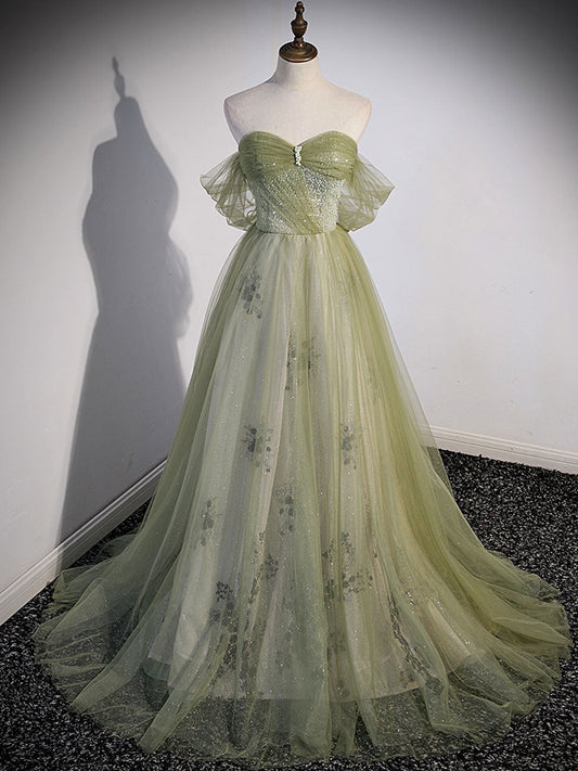 A line Green Tulle Long Prom Dress