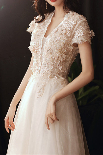 3D Floral Lace Short Sleeve Tulle Floor-Length Evening Gown