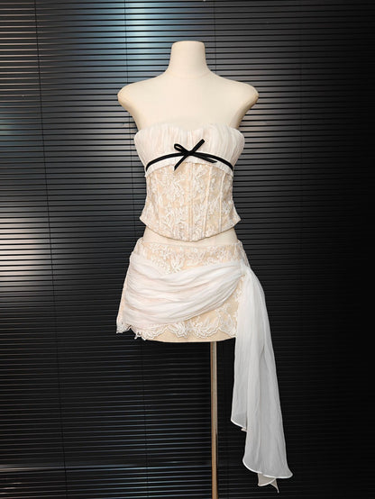 white Herringbone tube top floral ruffle mini dress suit