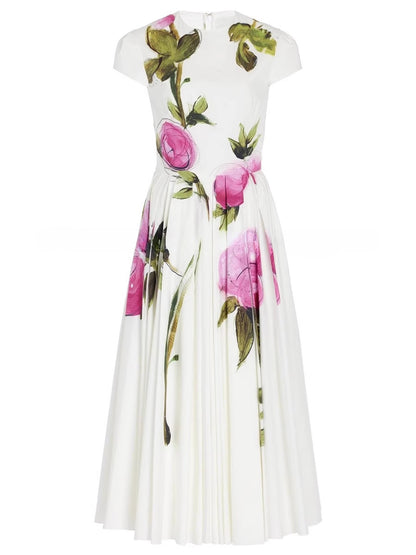 rose print crew neck short sleeves midi dress