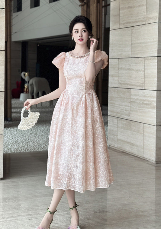 pearl neck Puff sleeve flared lace midi dress - pink