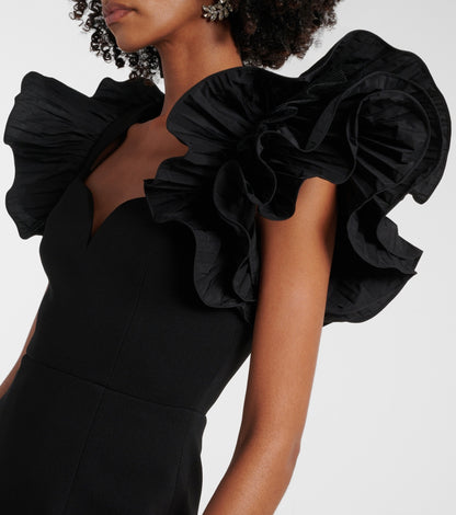 blanche ruffle crepe midi dress in black