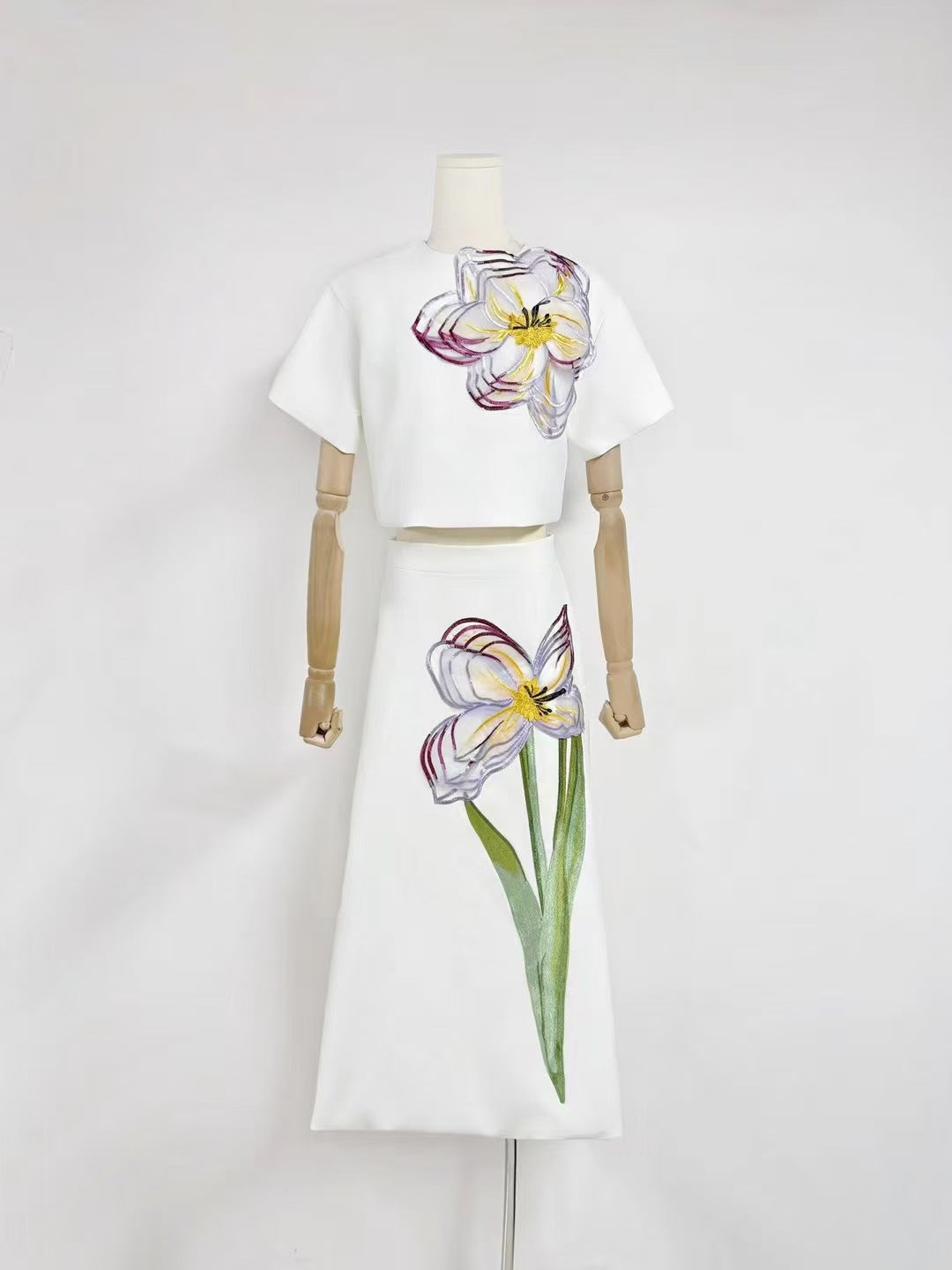 White Floral Embroidered midi dress Matching Set