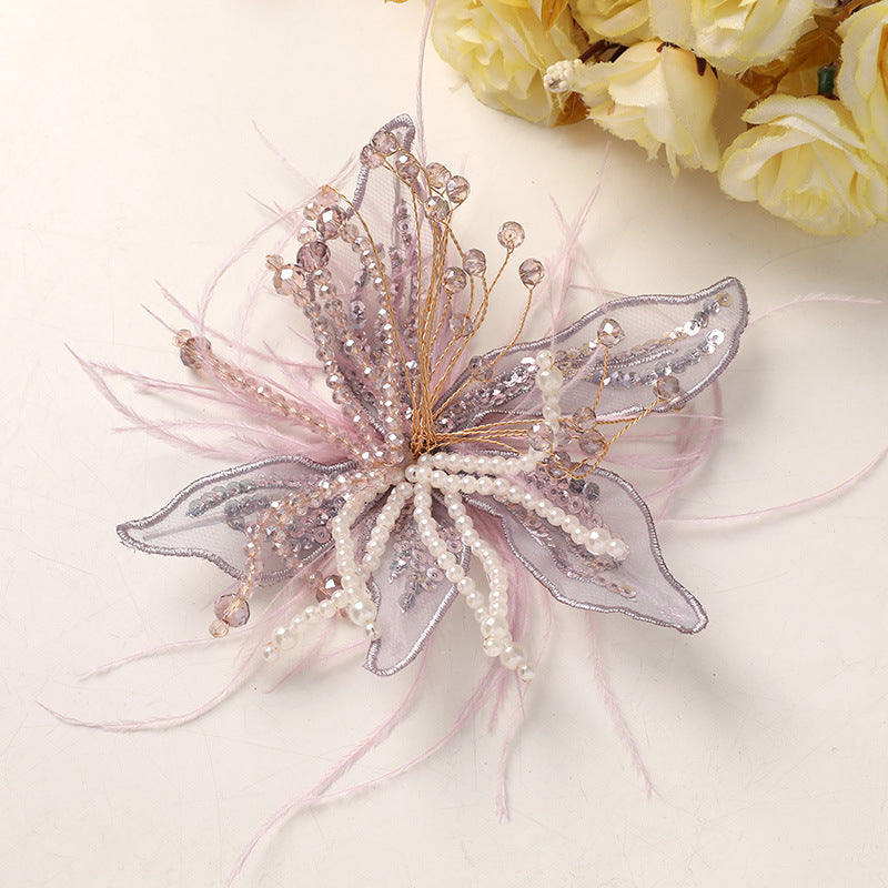 Picture-perfect pure white lace feathers, pearls, crystal flowers, DIY twisted silk flower headwear, claw clip clothing accessories