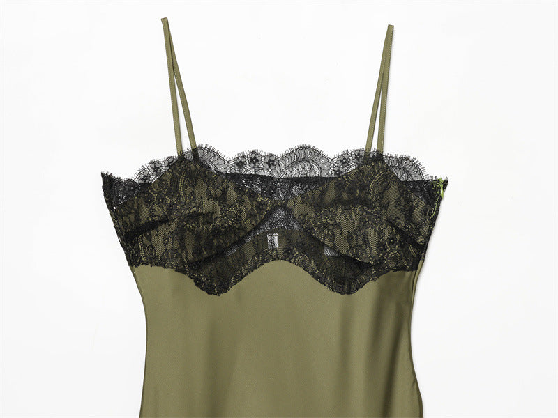 Olive Green Satin Asymmetrical Slip Dress with Black Lace Trim
