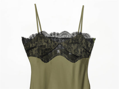 Olive Green Satin Asymmetrical Slip Dress with Black Lace Trim
