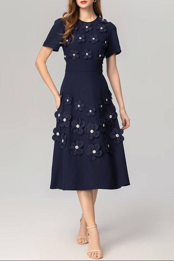 katherine 3d flower appliqué midi dress in navy blue