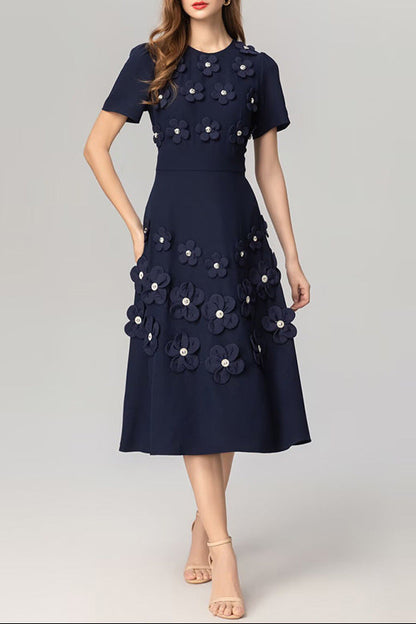 katherine 3d flower appliqué midi dress in navy blue