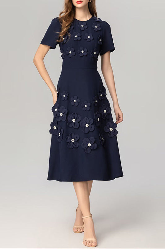 katherine 3d flower appliqué midi dress in navy blue