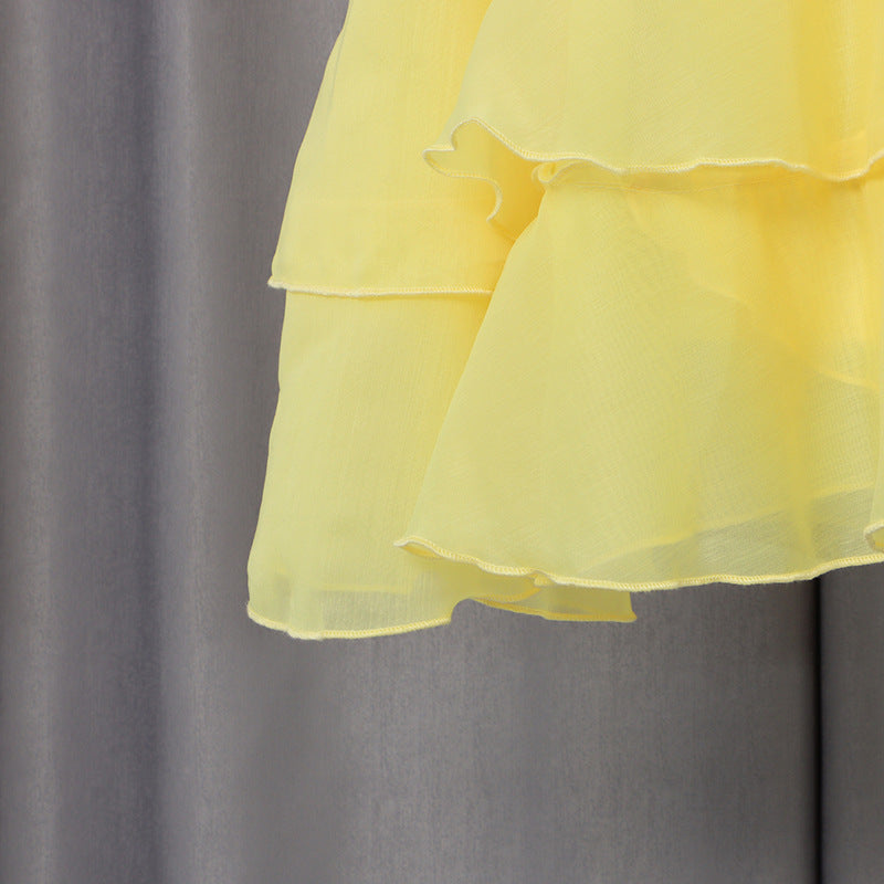 Pastel Yellow Chiffon Fit-and-Flare Mini Dress