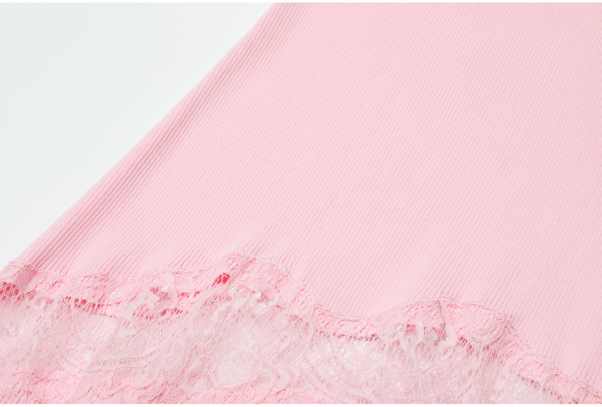 Light Pink Ribbed Knit Mermaid Maxi Dress with Lace Inserts