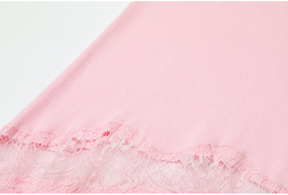 Light Pink Ribbed Knit Mermaid Maxi Dress with Lace Inserts