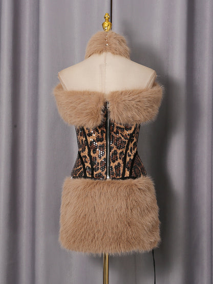 suzanne Leopard Fur Sequin Skirt Set