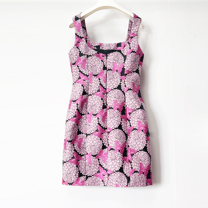 Square Neck Floral Butterfly Print Sleeveless Mini Dress