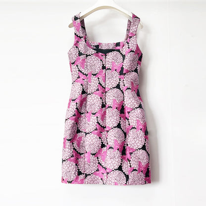 Square Neck Floral Butterfly Print Sleeveless Mini Dress