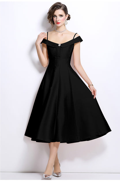 meroy off-shoulder satin pleated midi dress in black