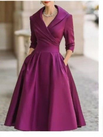 Lapel Collar Wrap V Neck Satin Midi Swing Dress