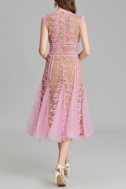 phoenix 3d Embroidered lace mesh midi dress in pink
