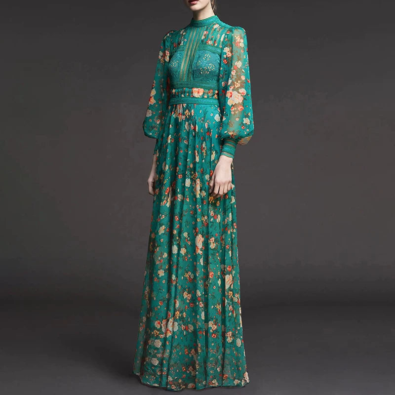French retro green floral dress