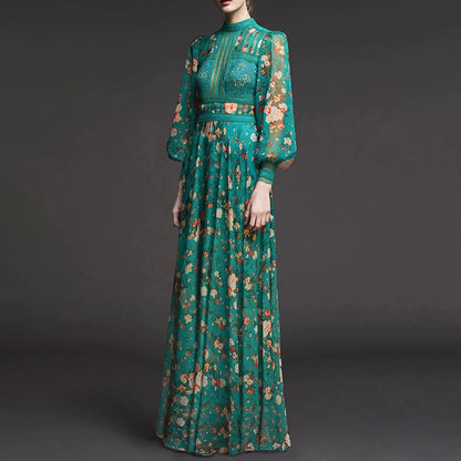 French retro green floral dress