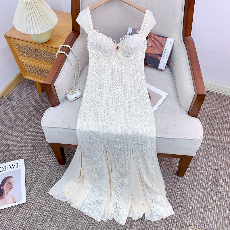 atalanta embellished flared midi dress in cream-white