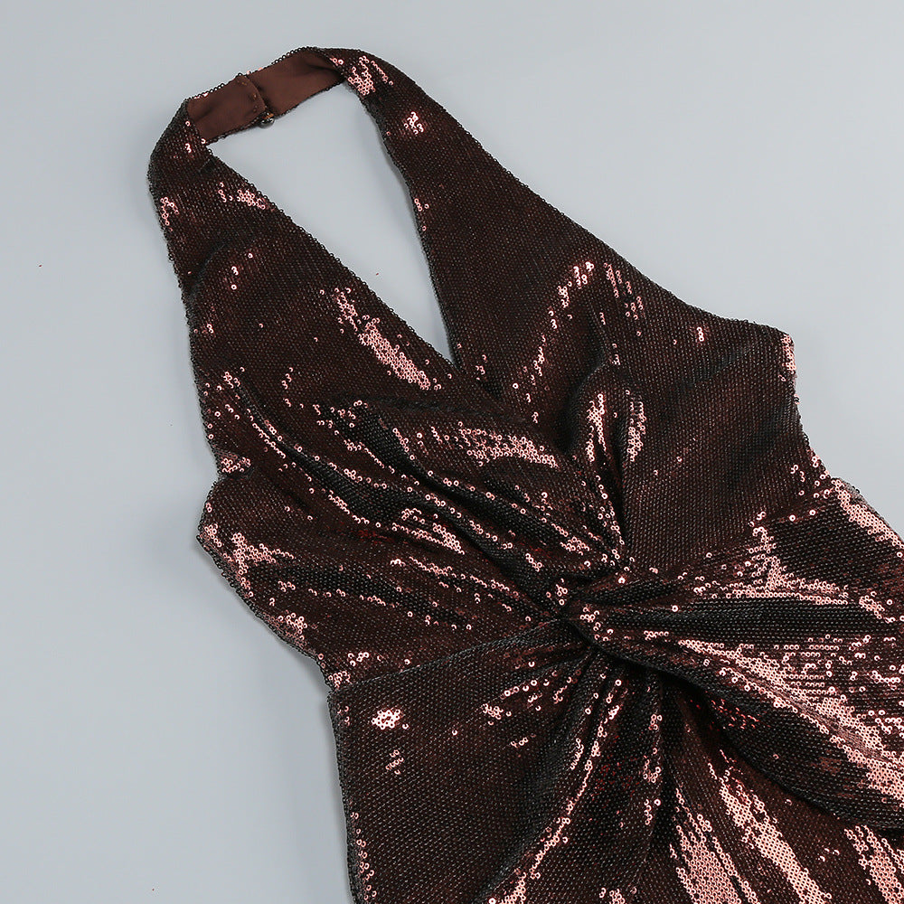 nora brown Sequin halterneck deep V high waist flared jumpsuit