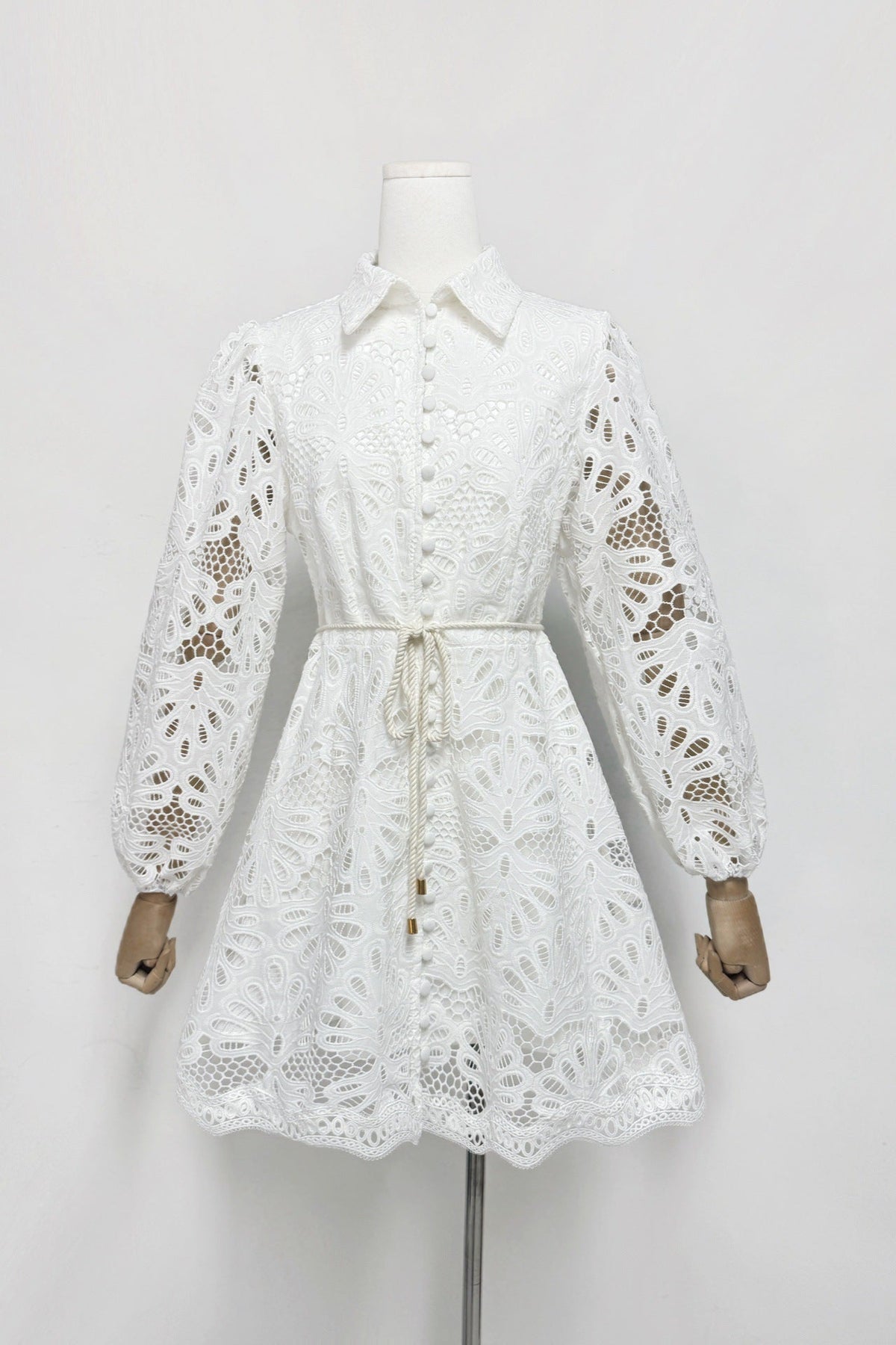 lapel hollow embroidery puff sleeve mini dress in white