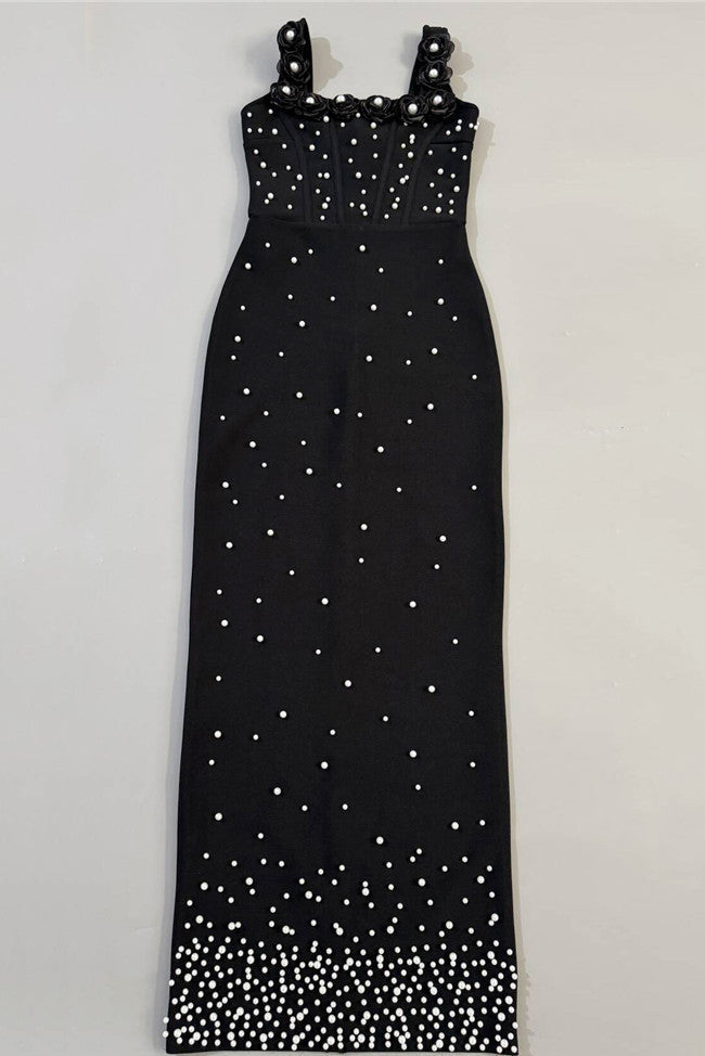 Black Heavyweight Stretch Knit Column Maxi Dress with Pearl Embellishments