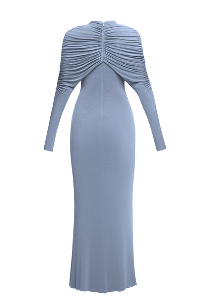 bonnie long sleeve pleated knot bodycon maxi dress in blue